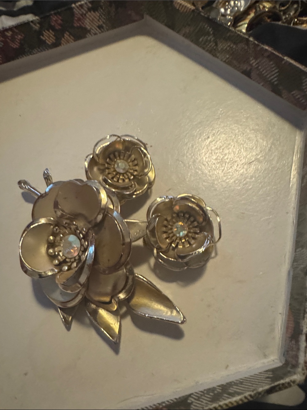Gold Floral Statement Brooch with Crystal Centers